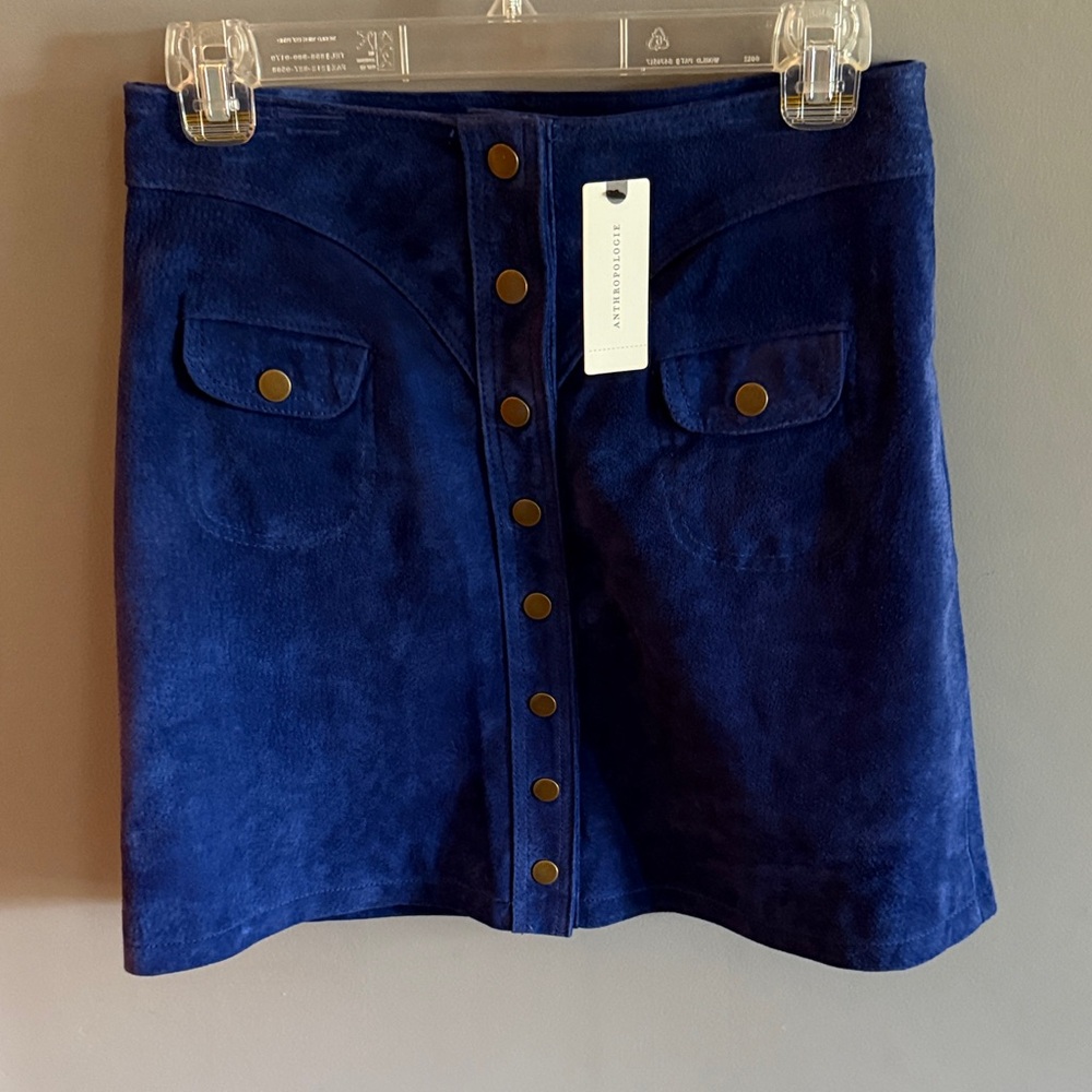 Anthropologie Navy Suede Button-Front Mini Skirt
